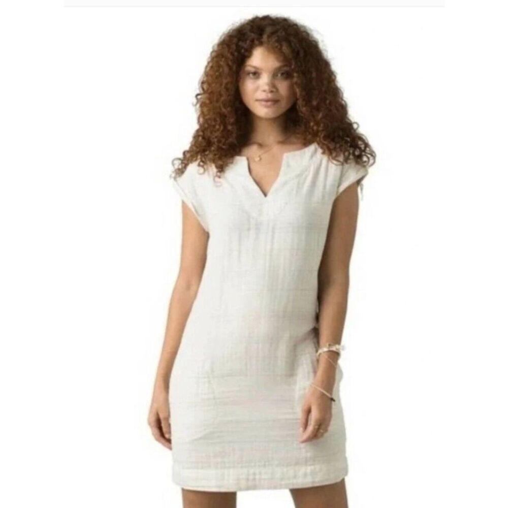 prAna Kai Relaxed Dress XS Cream Stripe Boho Organic Cotton Gauze Tunic